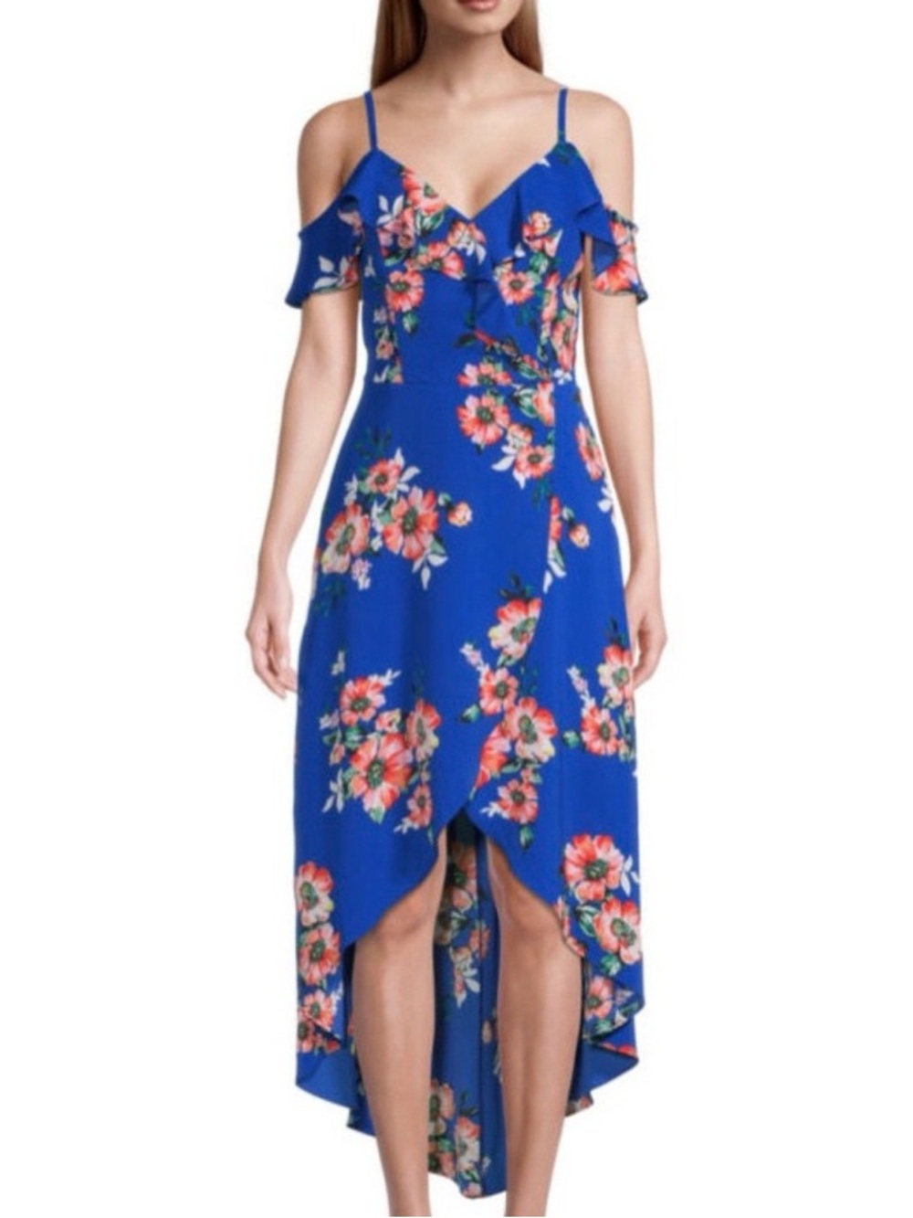 NWT by & by floral blu high low dress open shoulder size medium
